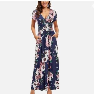 OUGES Women's V-Neck Pattern Pocket
Maxi Long Dress with pockets